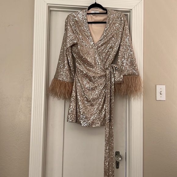 Likely Silver Sequin Wrap Dress with Feathered Cuffs - Picture 2 of 4